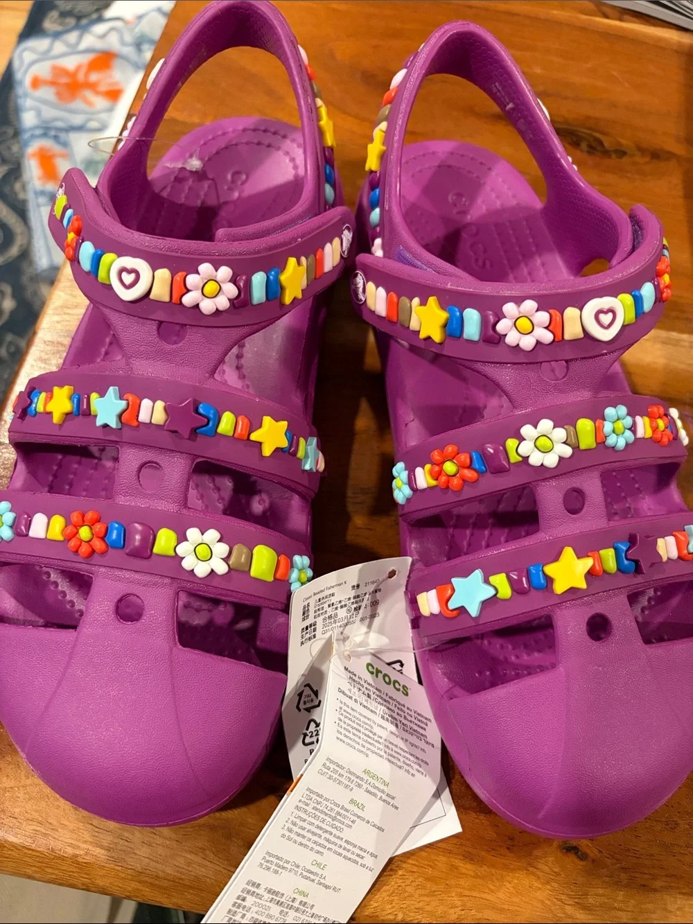 CROCS Kids' Fisherman PurpleGrapeberry Sandals with Multicolor Charm Straps